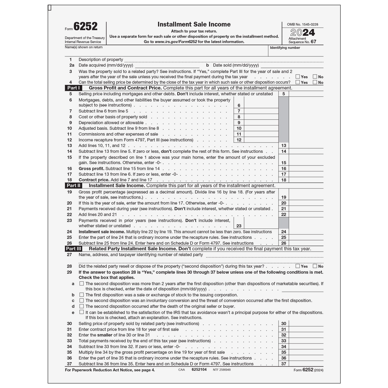 6252104 Form 6252 Installment Sale Income