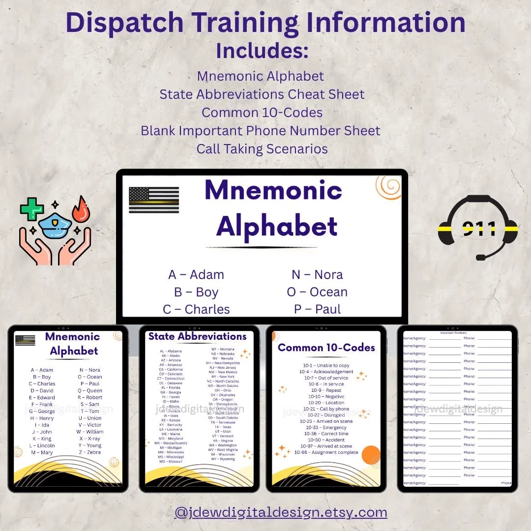 911 Dispatcher Training Binder Mnemonic 10 Codes Call Scenarios 