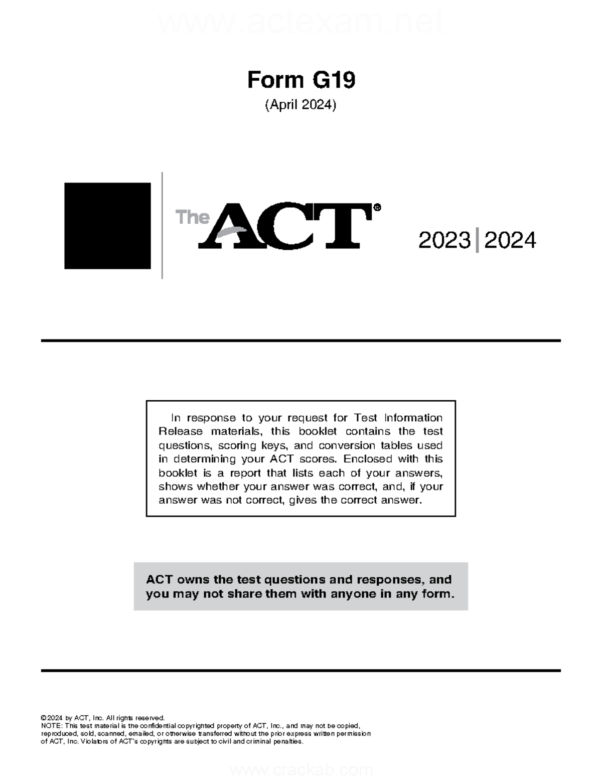 ACT 202404 Practice Test Form G19 Test Questions amp Scoring Keys 