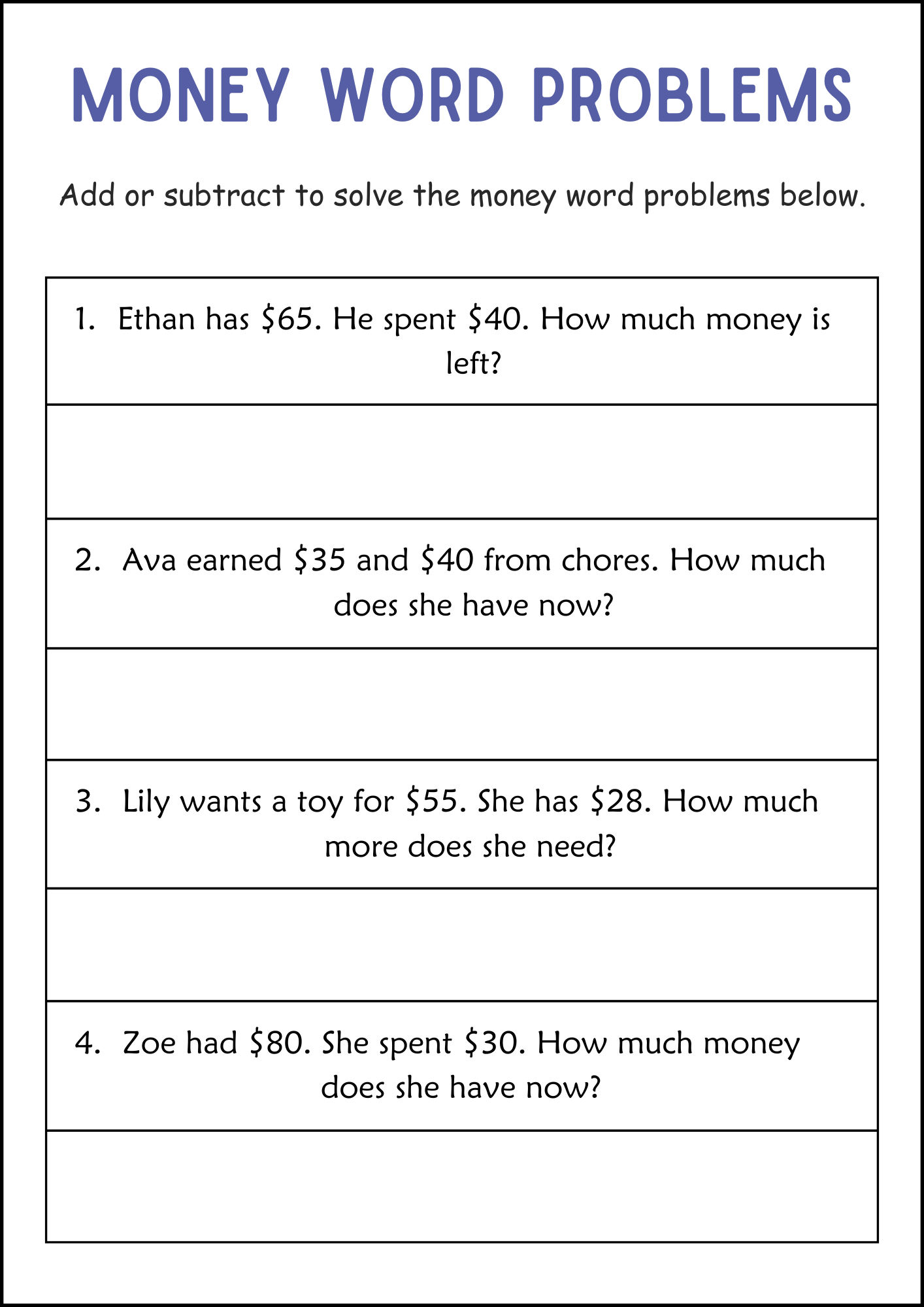 Money Math Worksheets Printable Word Problems