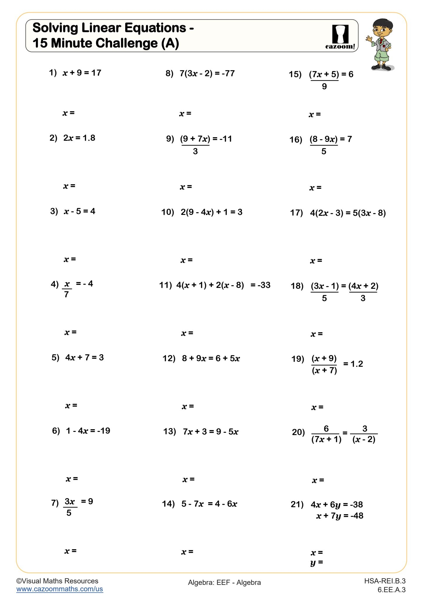Algebra Printable Worksheets With Answers