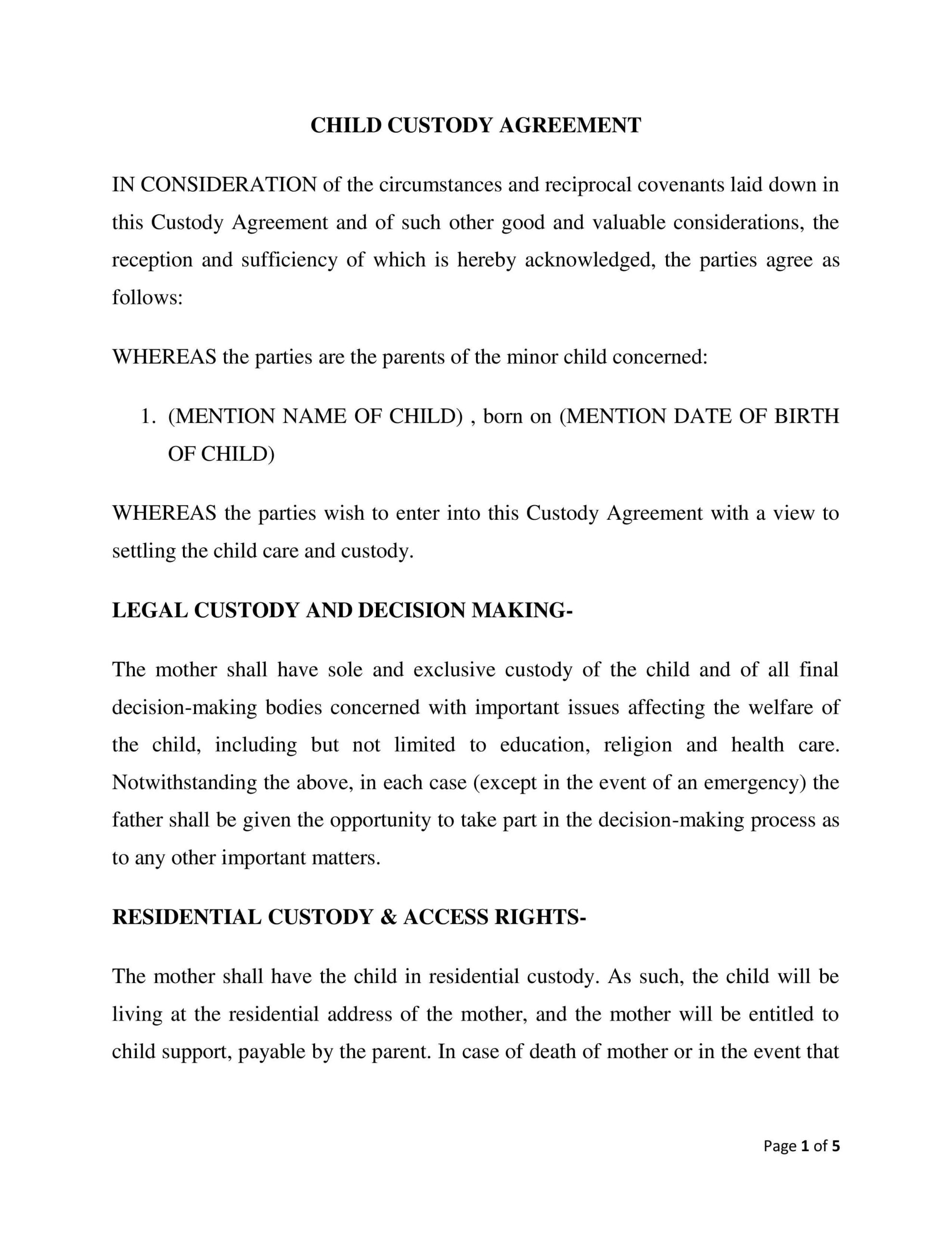 All Child Custody Agreement in Word Excel PDF Bizkit