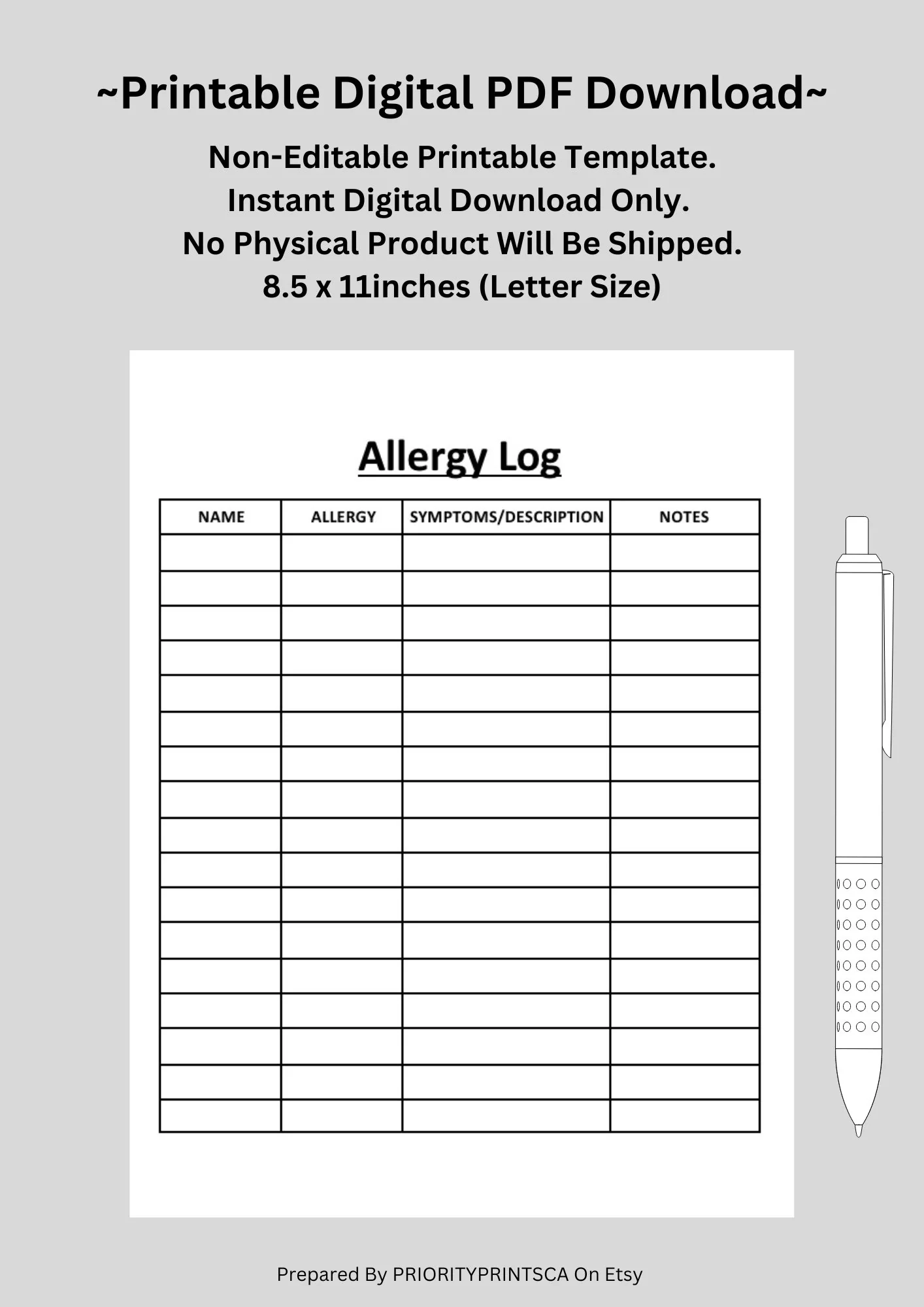 Printable Allergy Form Template