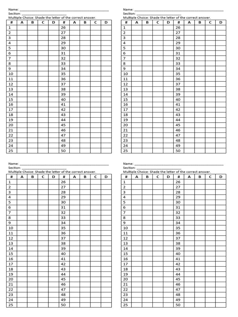 Answer Sheet For Shading 50 Items 4x Long PDF Tests Social 