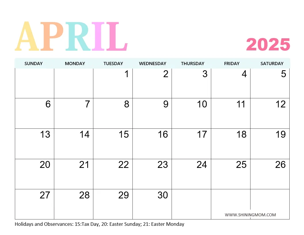 April Calendar Printable Blank