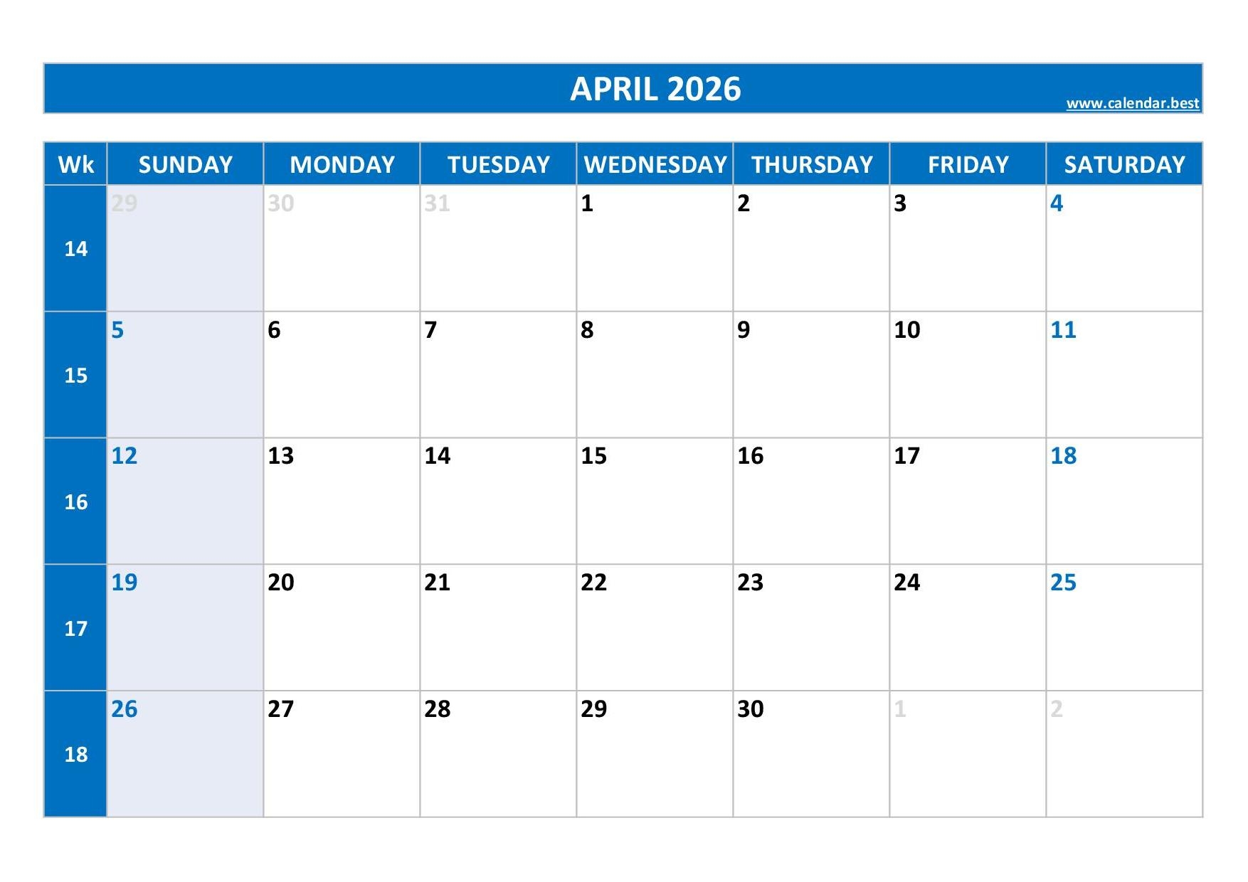 April Blank Calendar 2026 Printable Free