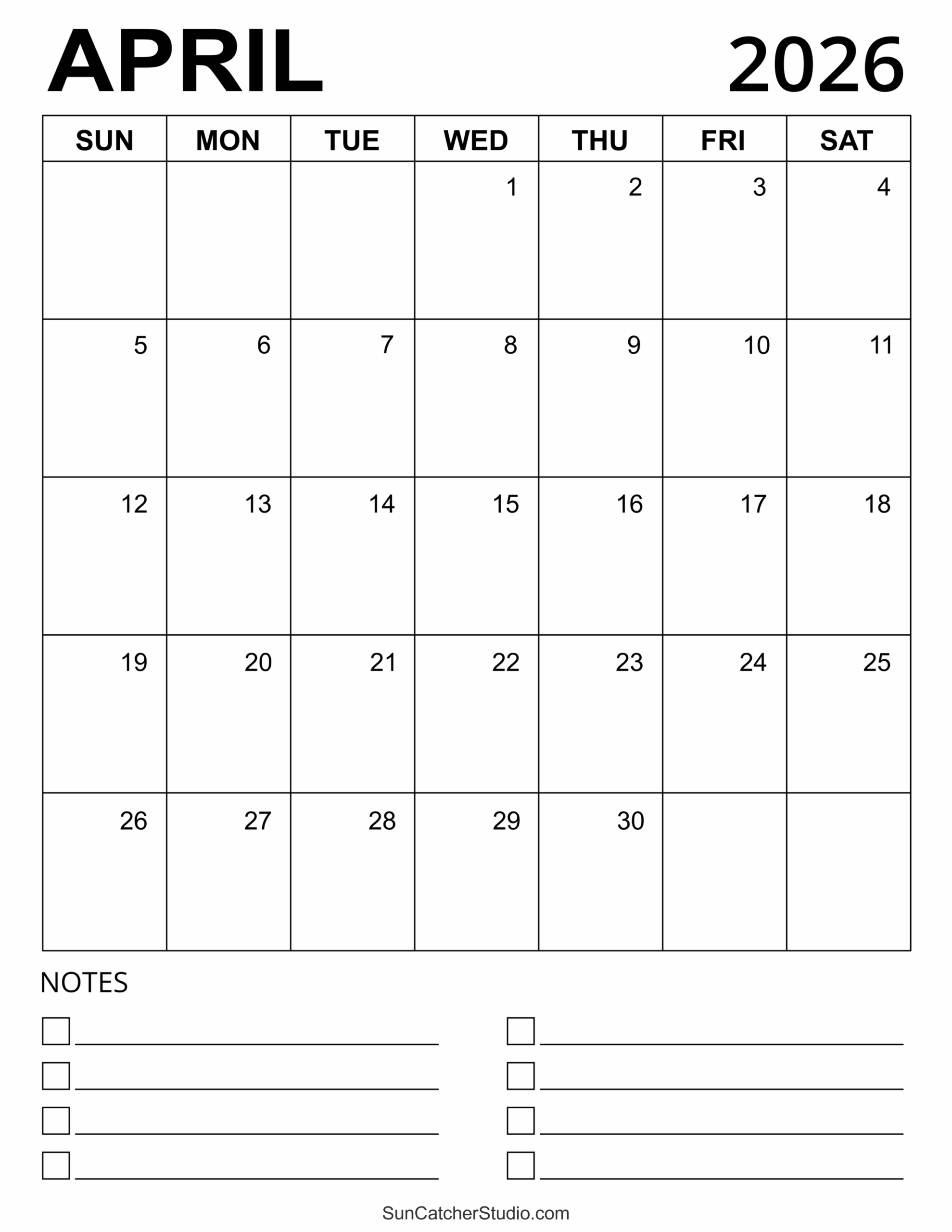 Free Printable Monthly Calendar April 2026