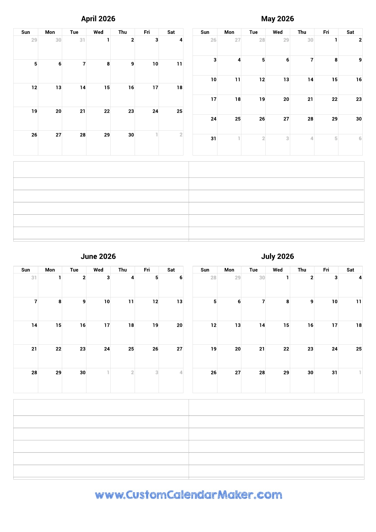 Blank Calendar June And July 2026