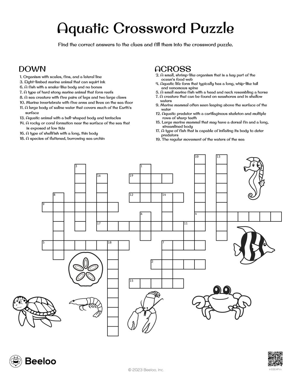 Aquatic Crossword Puzzle Beeloo Printable Crafts And Activities 