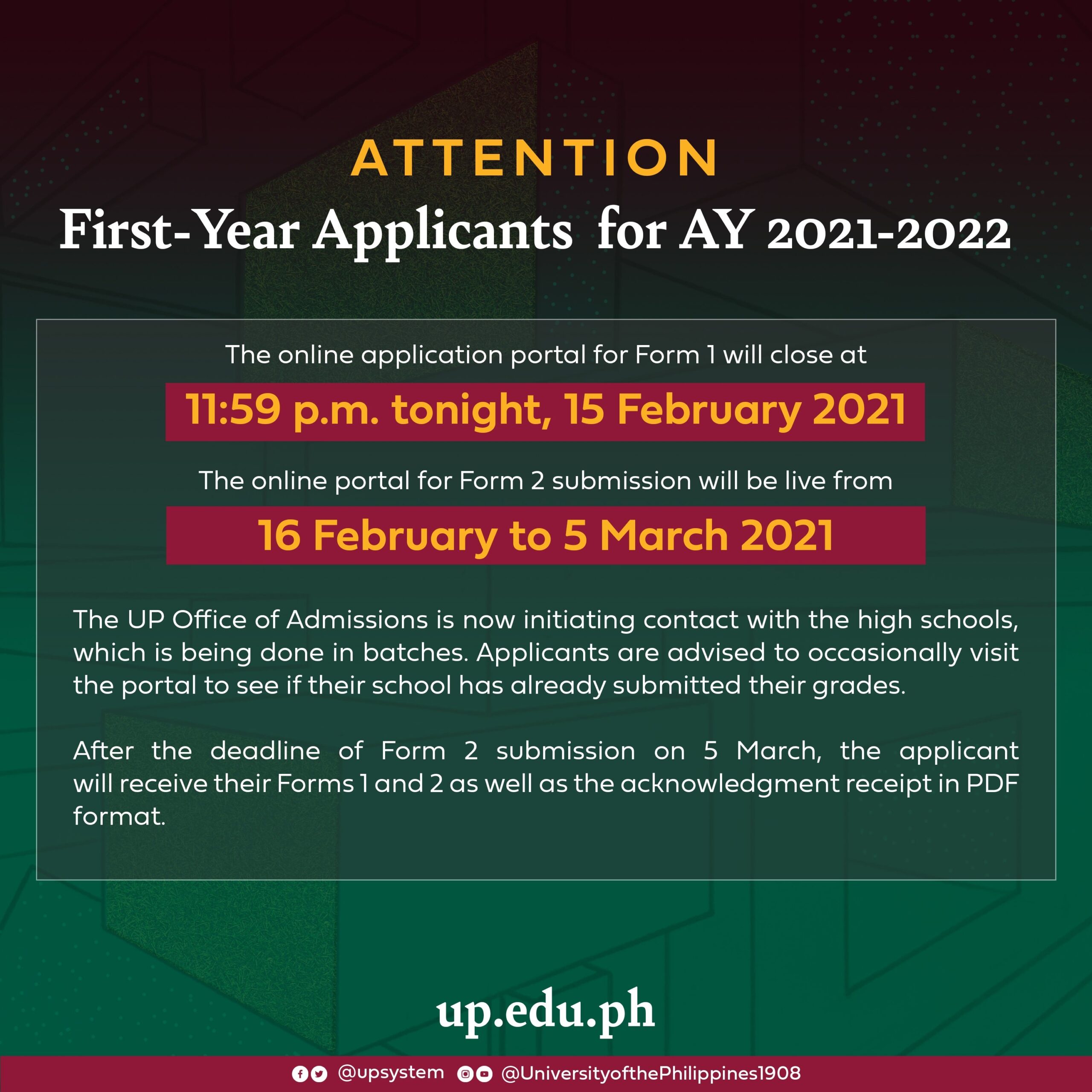 Attention UP First Year Applicants For AY 2021 2022 University 