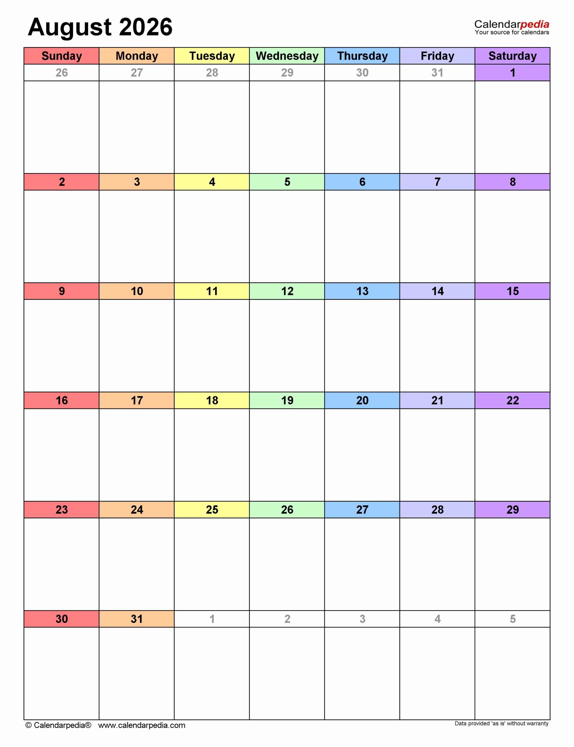 Blank Calendar August 2026 Portrait