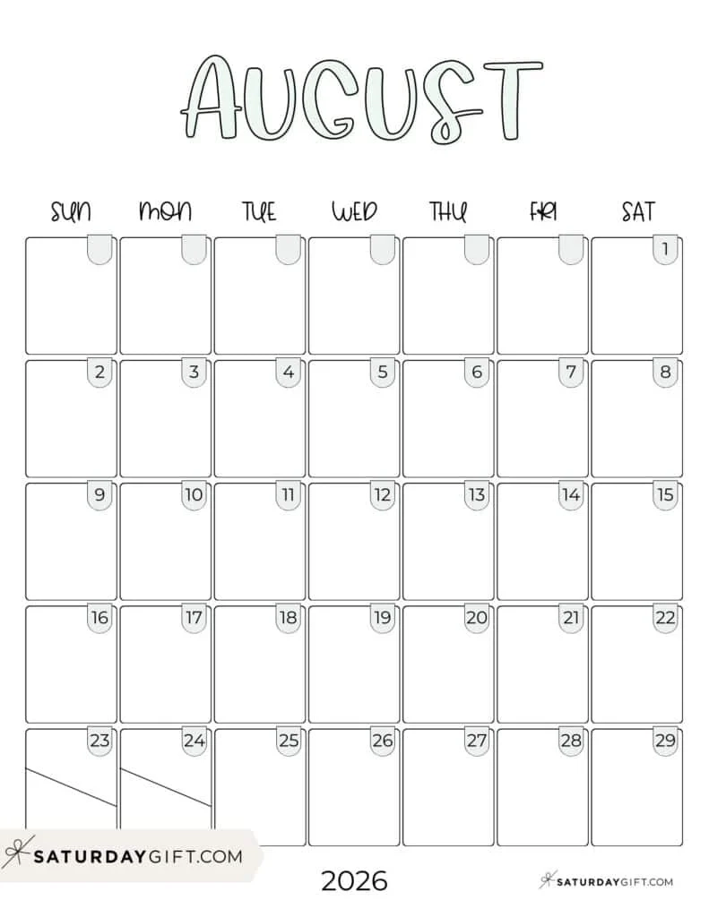 Blank August Calendar 2026 Pdf