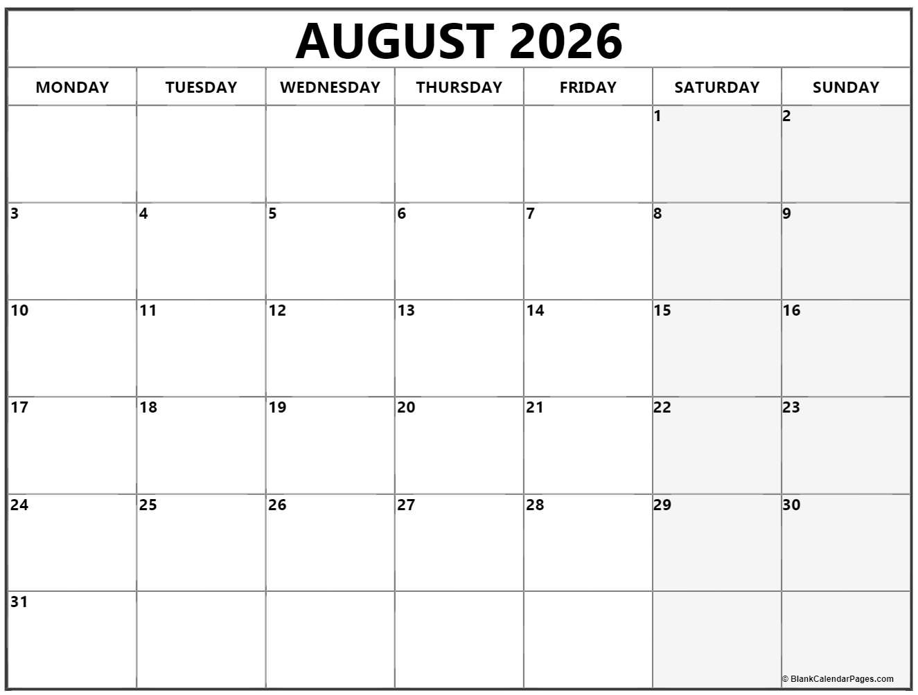 August 2026 Monday Calendar Monday To Sunday