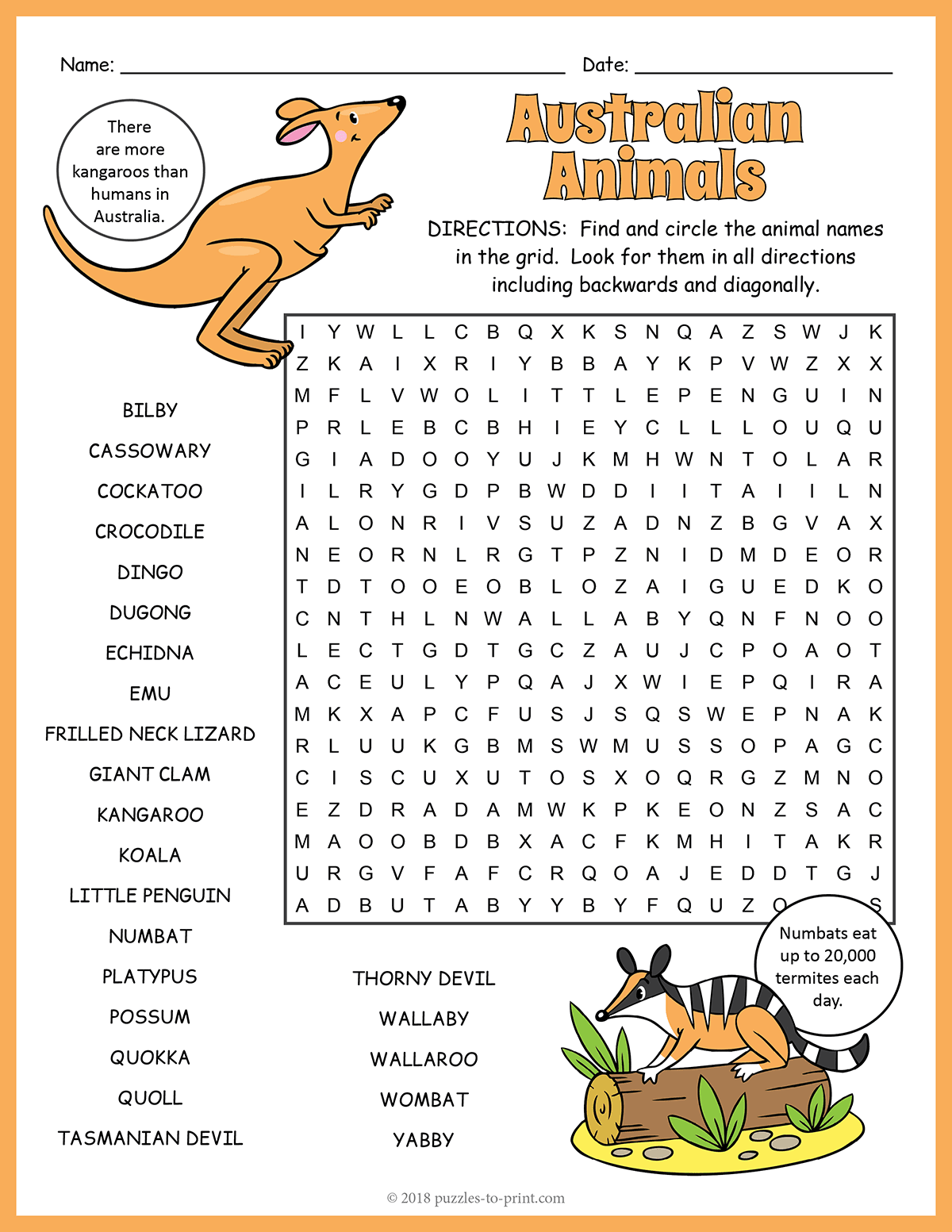 Australian Animals Word Search