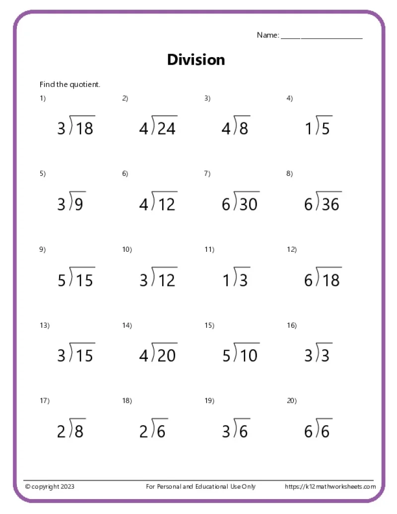Free Printable Division Worksheets Grade 4