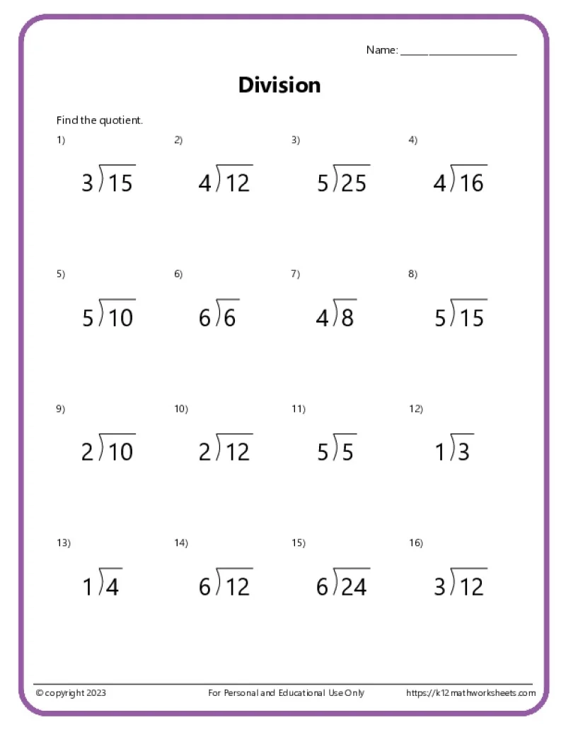 Division Worksheet Printable