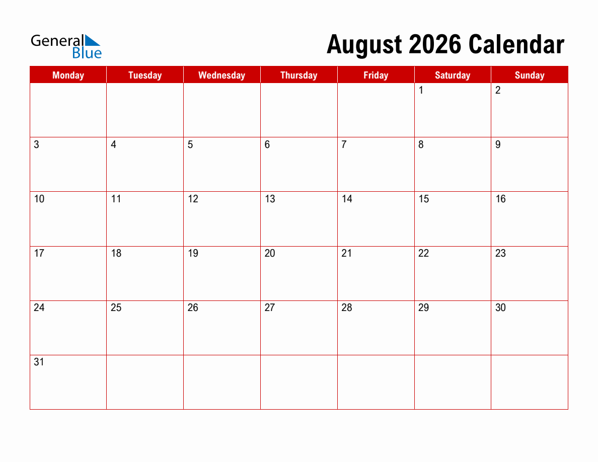 Blank August 2026 Calendar Monday Start