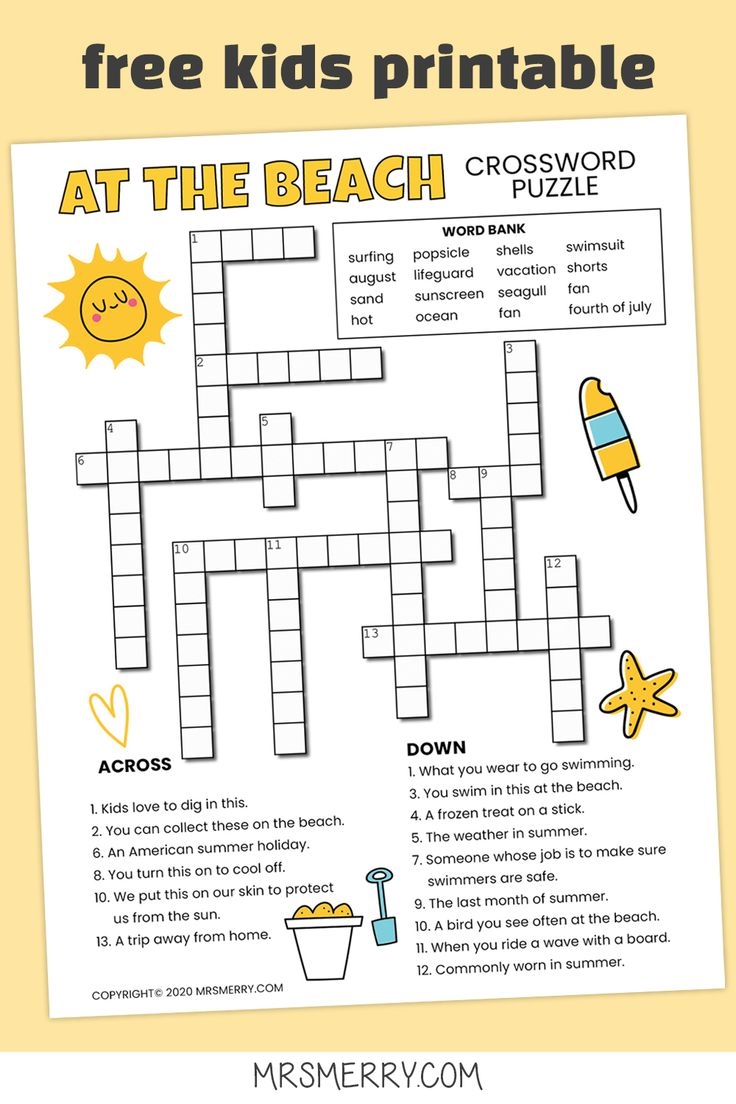 Beach Crossword Puzzle For Kids Free Printable Mrs Merry