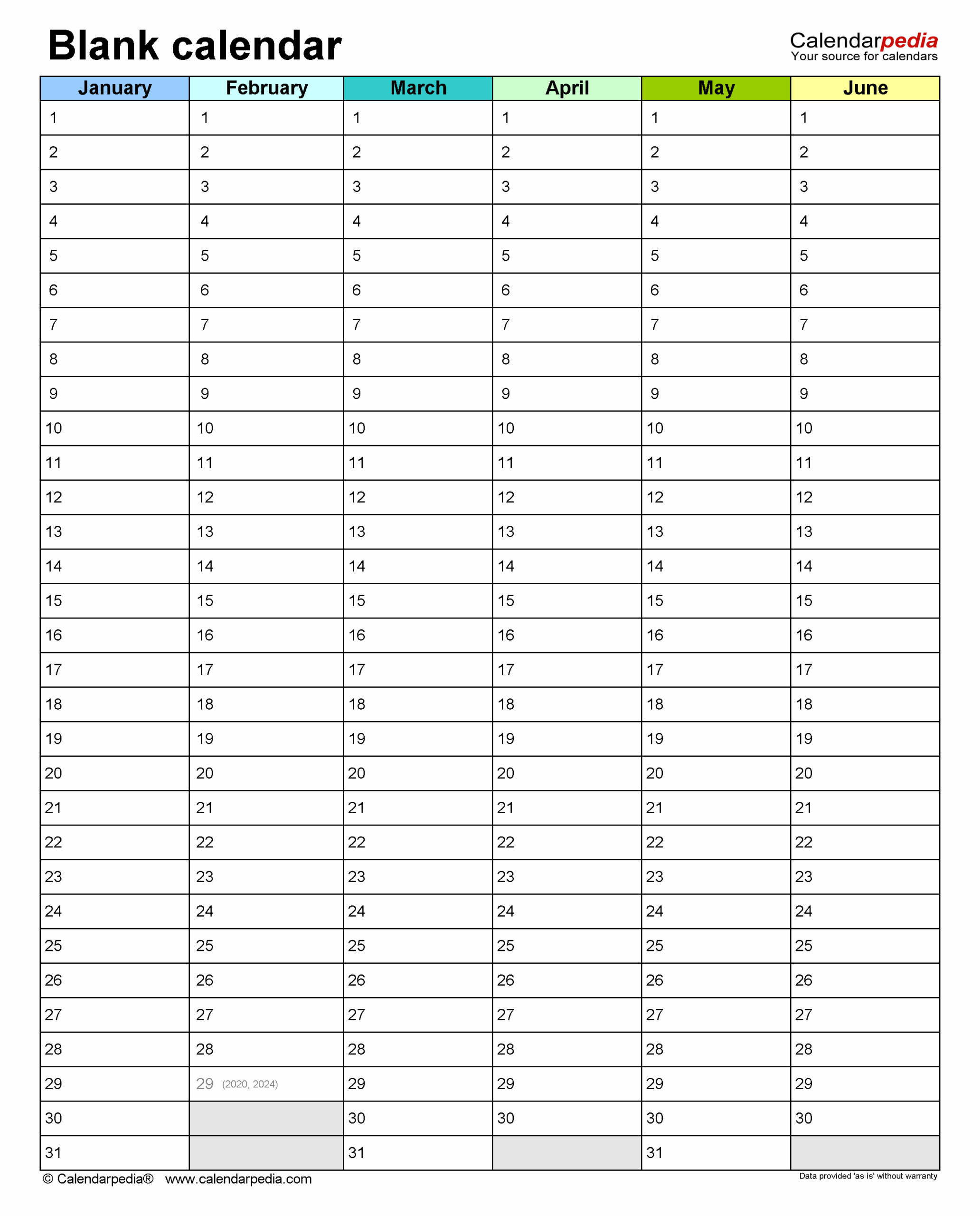 Printable Half Page Calendar Blank