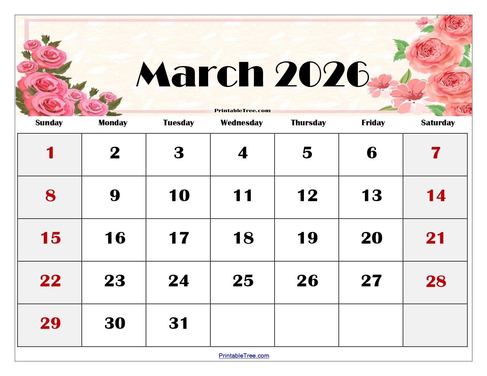 Blank March 2026 Calendar Printable