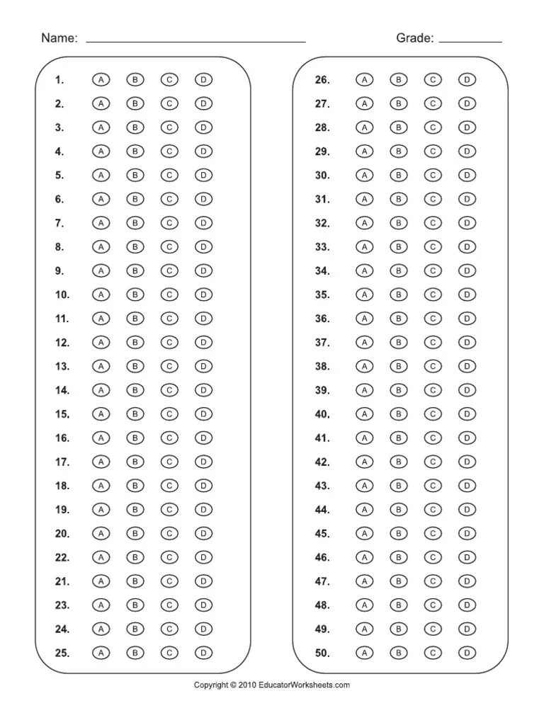 Bubble Answer Sheet 1 50 PDF