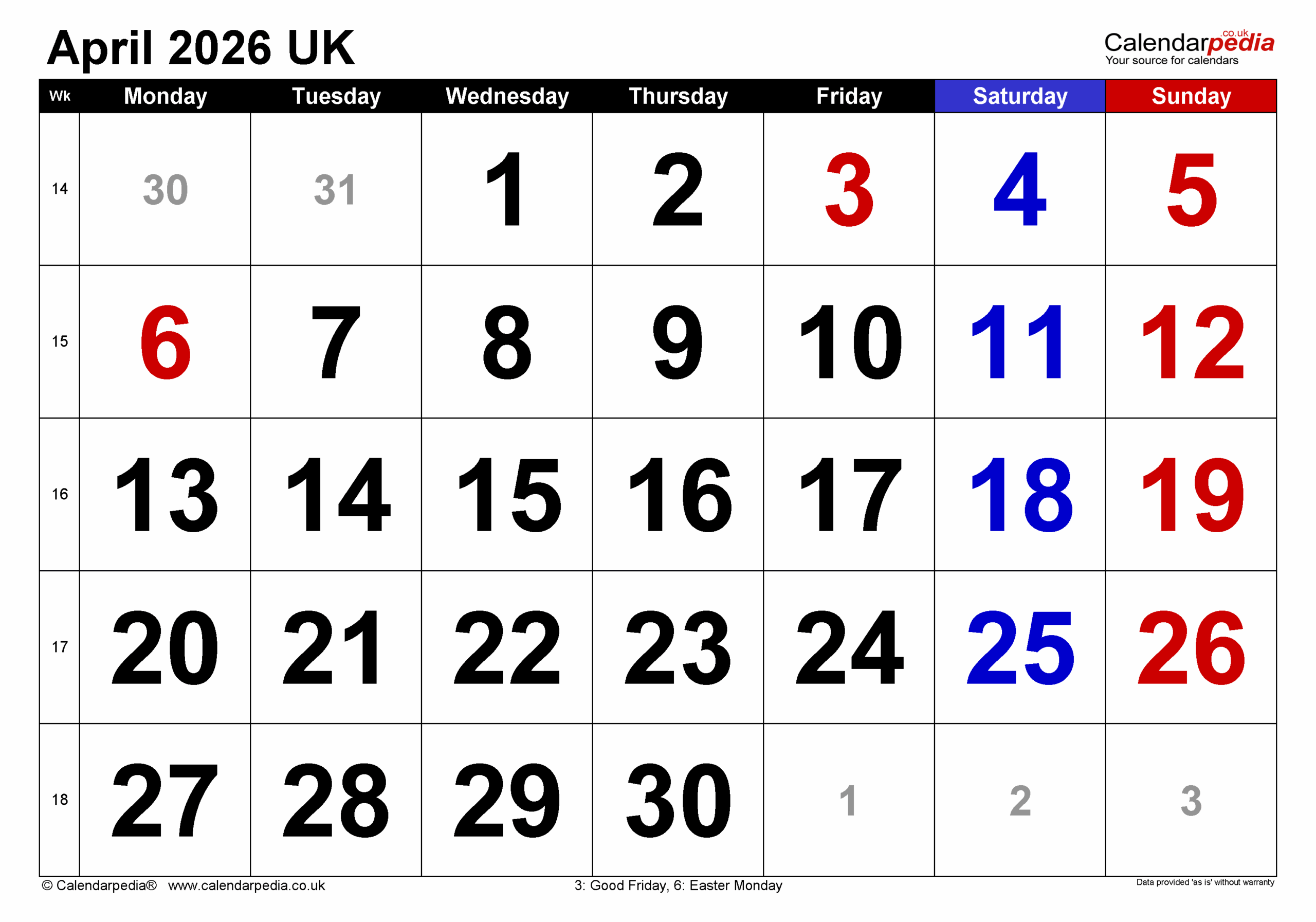 Printable Calendar 2026 April