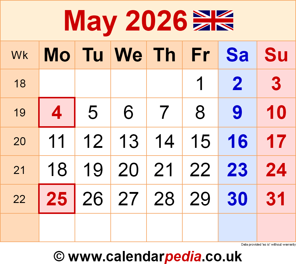 Calendar May 2026 UK With PDF Excel And Word Templates