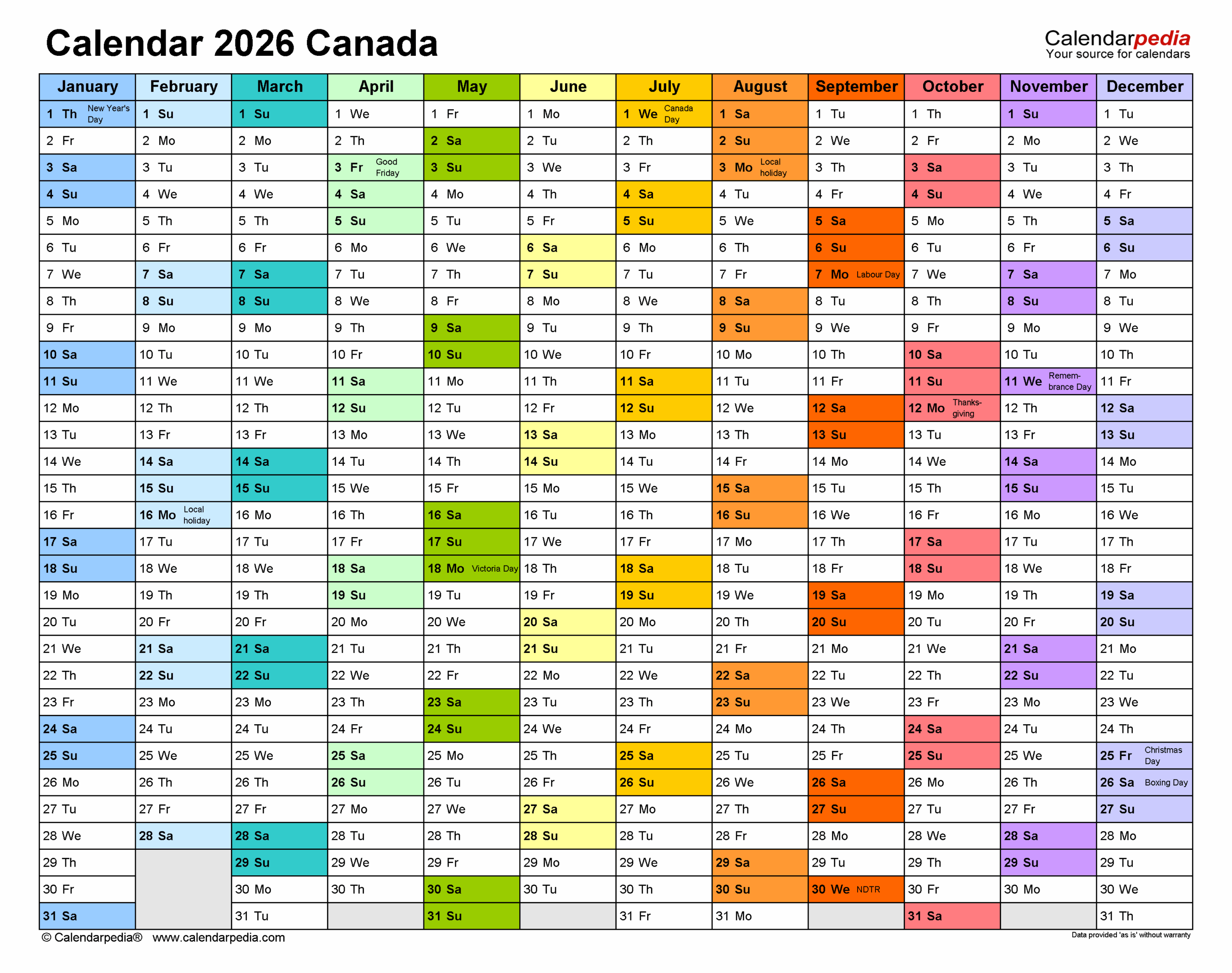 November 2026 Calendar Canada Printable