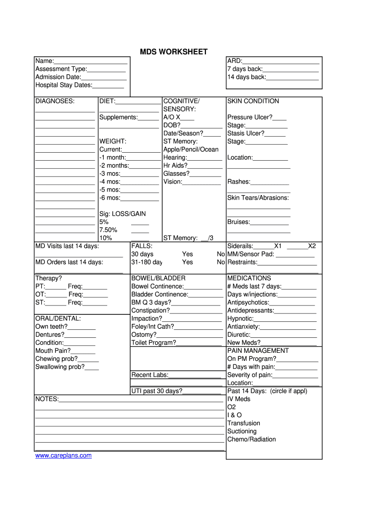 Careplans MDS Worksheet Form Fill Online Printable Fillable 