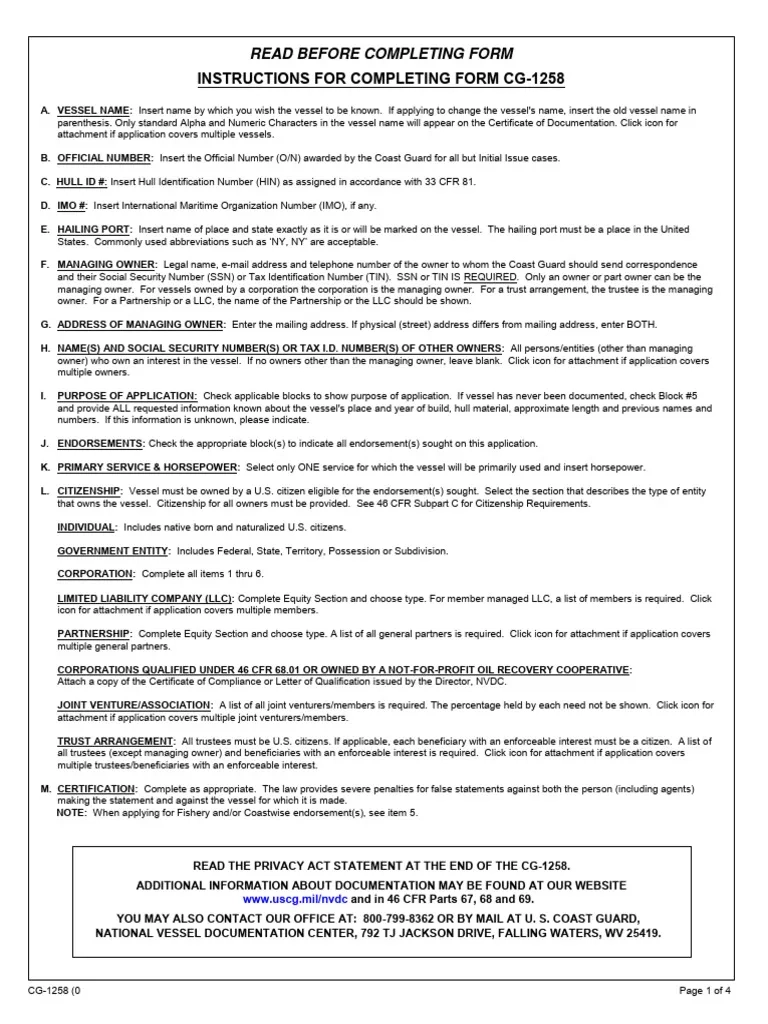 CG 1258 USCG Documentation Form PDF Limited Liability 