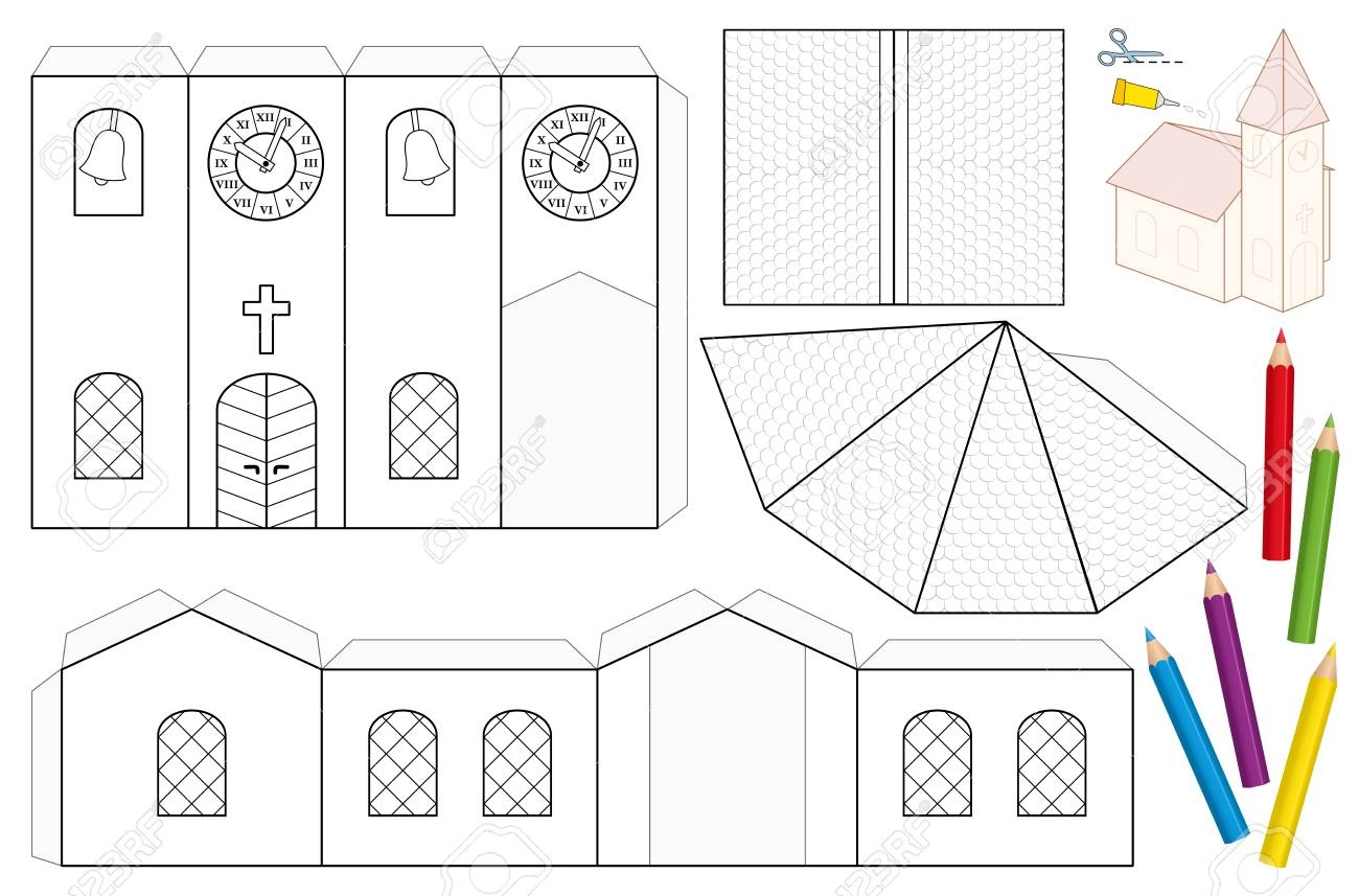 Church Paper Craft Sheet Unpainted Cut out Template For Children 