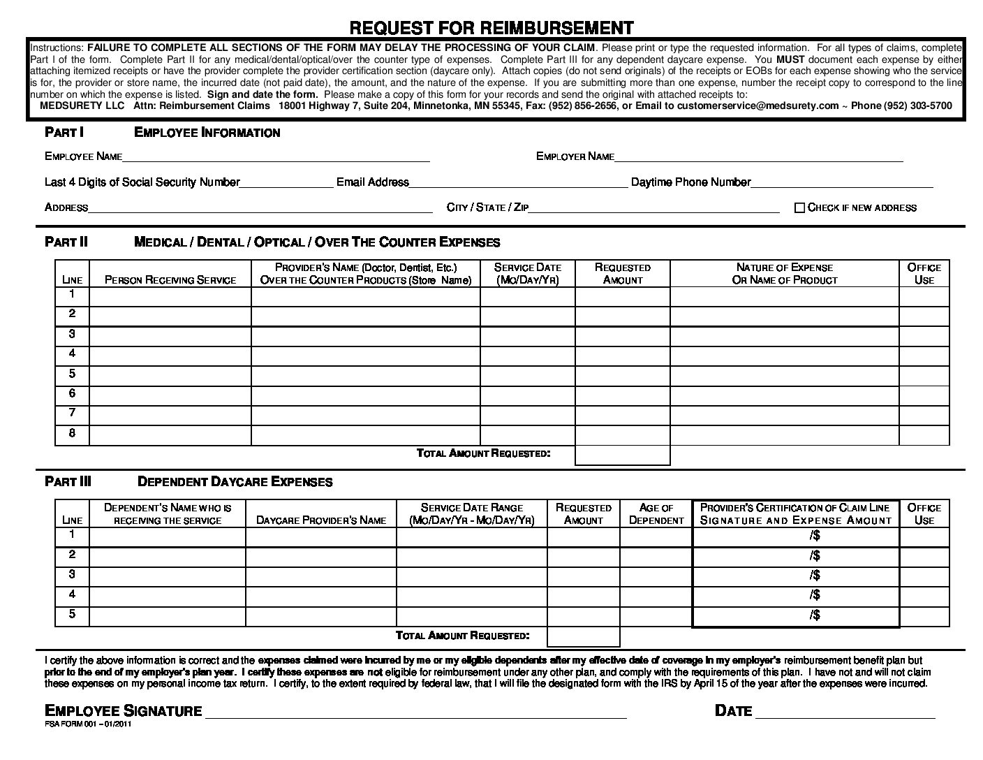 Claim Form FSA HRA Dependent Care MEDSURETY