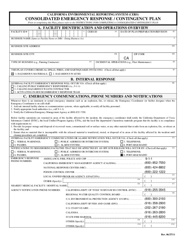 Consolidated Emergency Response Contingency Plan Template Fill 