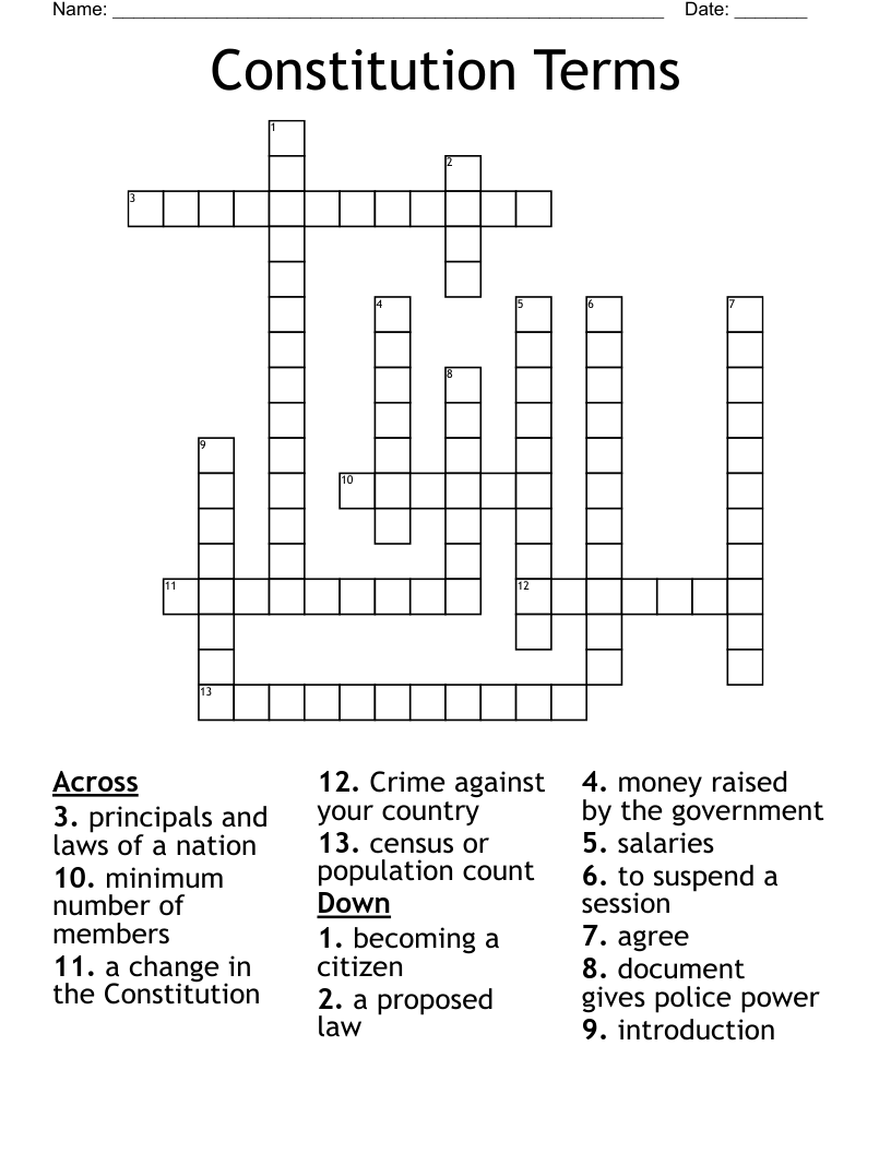 Constitution 3rd Grade Crossword Puzzles Printable