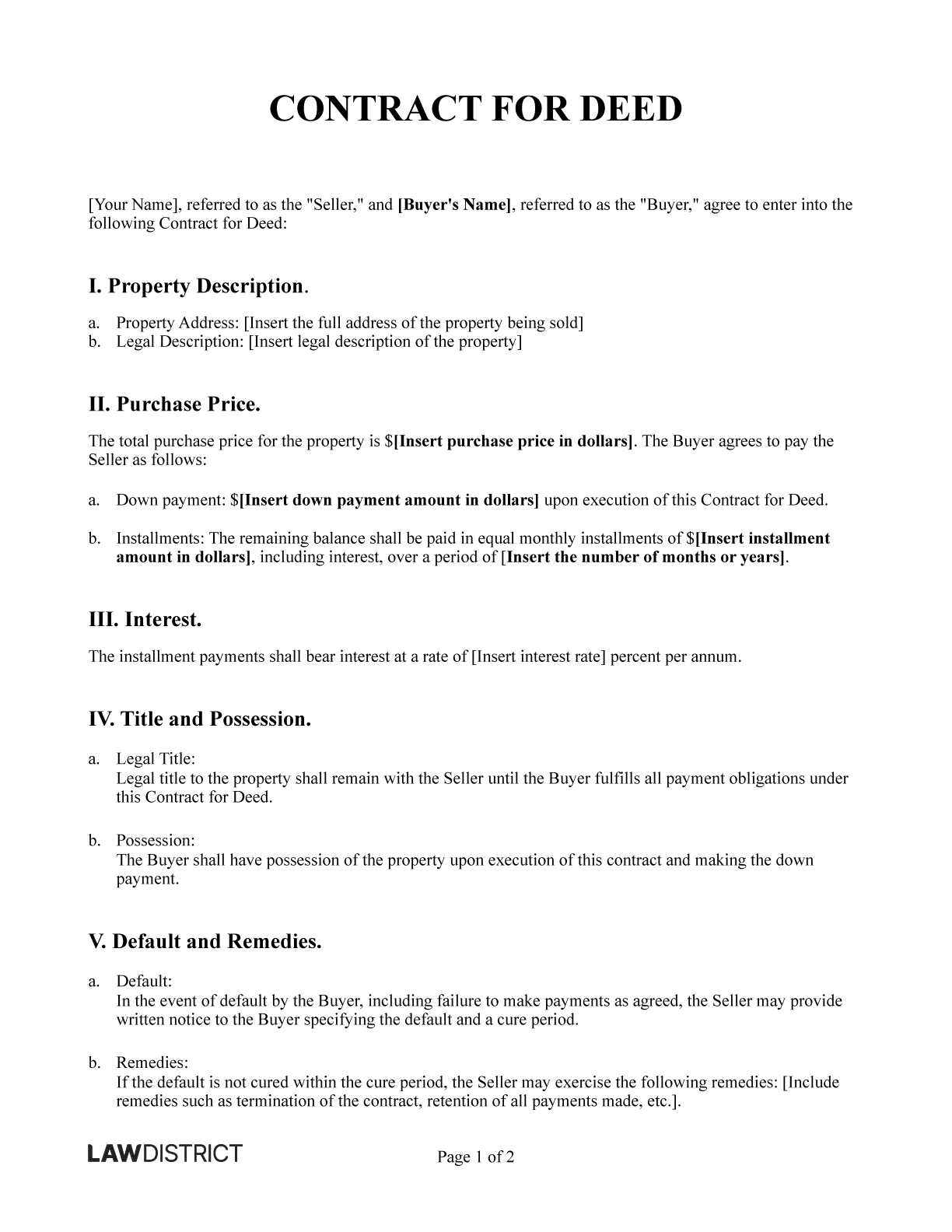 Free Printable Contract For Deed Template