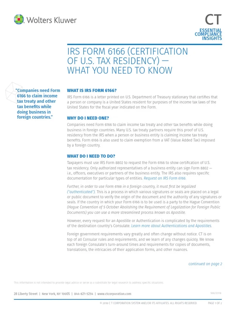 CT Corporation IRS Form 6166 Certification Of Tax Residency PDF 