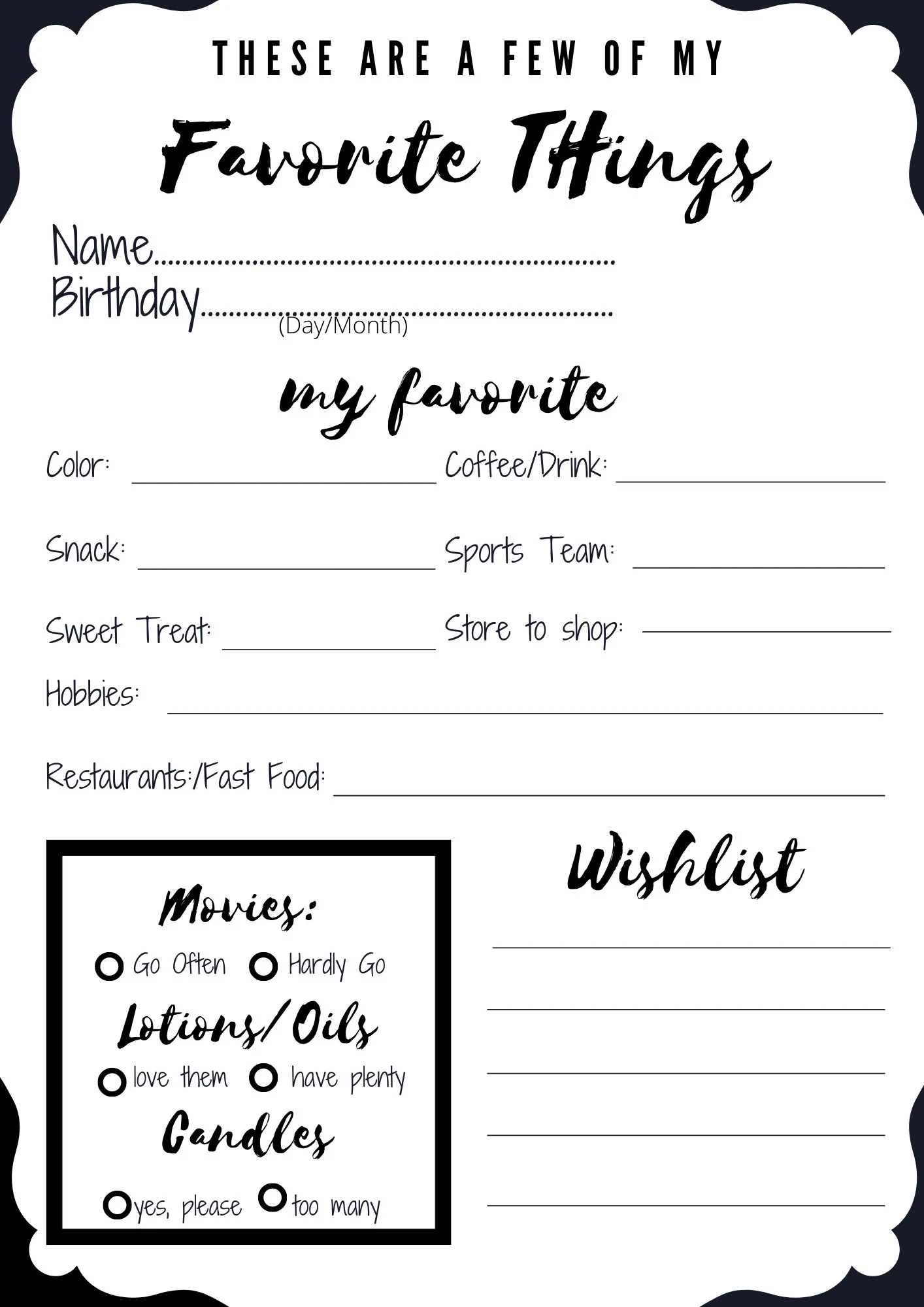 Customizable My Favorite Things Questionnaire 8 x10 Secret 