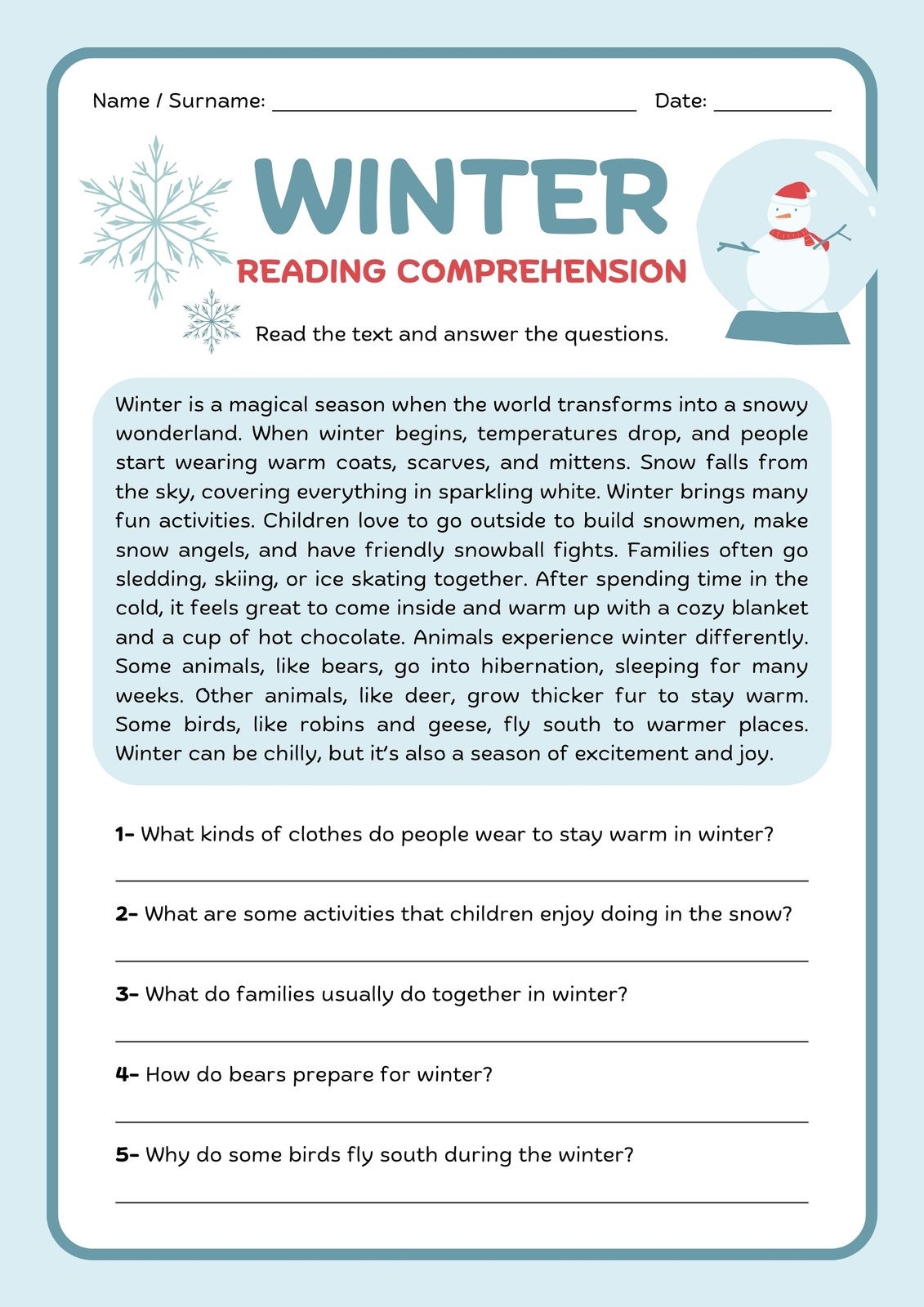 Printable Reading Comprehension Sheets