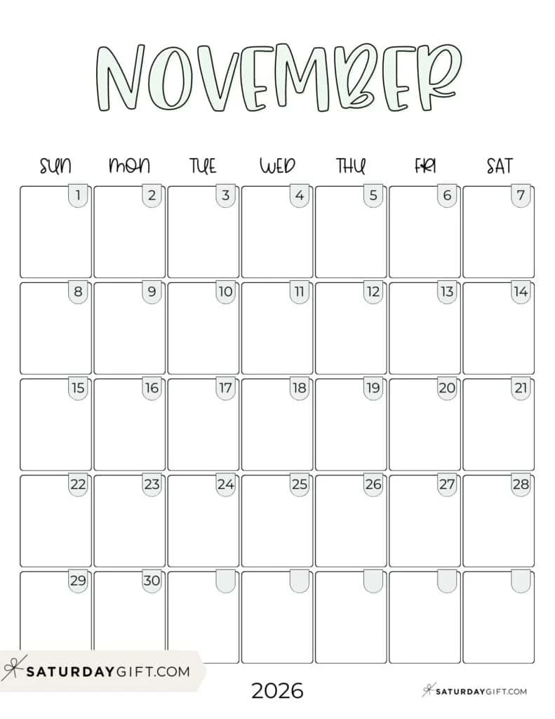 November 2026 Kids Calendar Free Printable