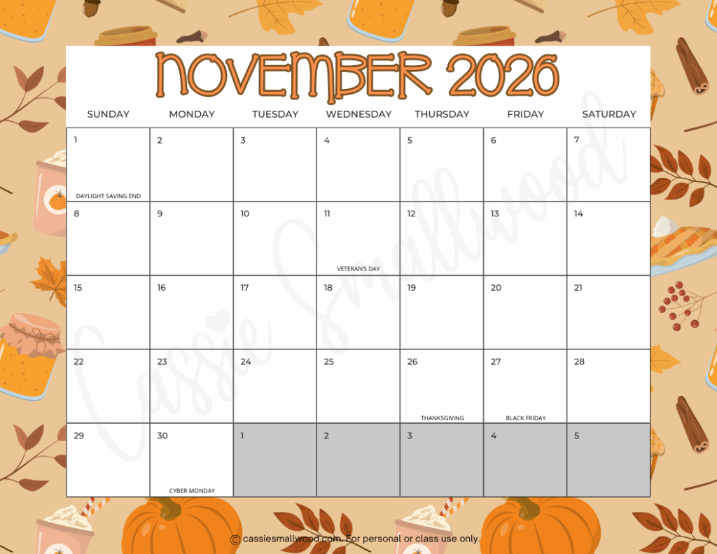 Printable November 2026 Calendar With Holidays
