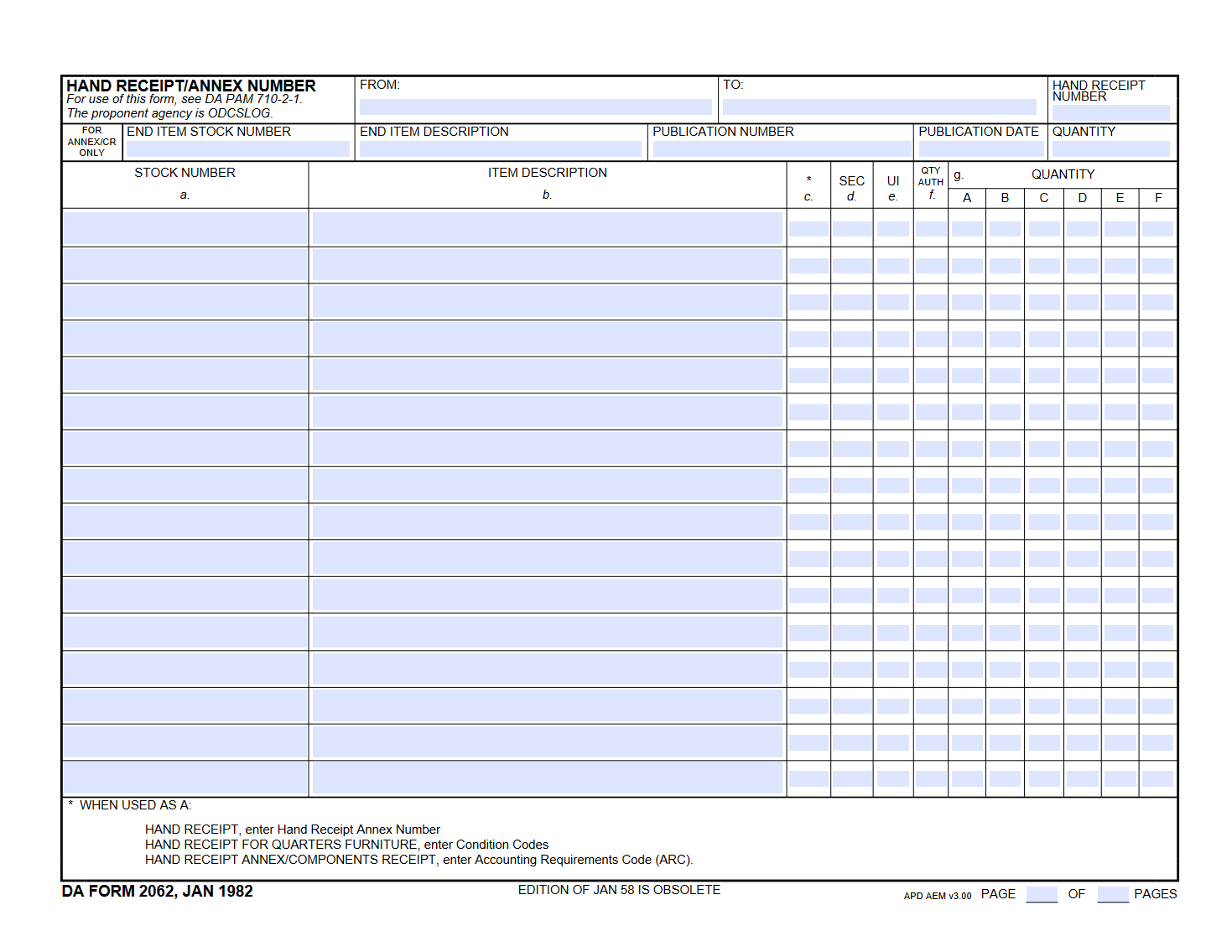 DA Form 2062 Hand Receipt Forms Docs 2025
