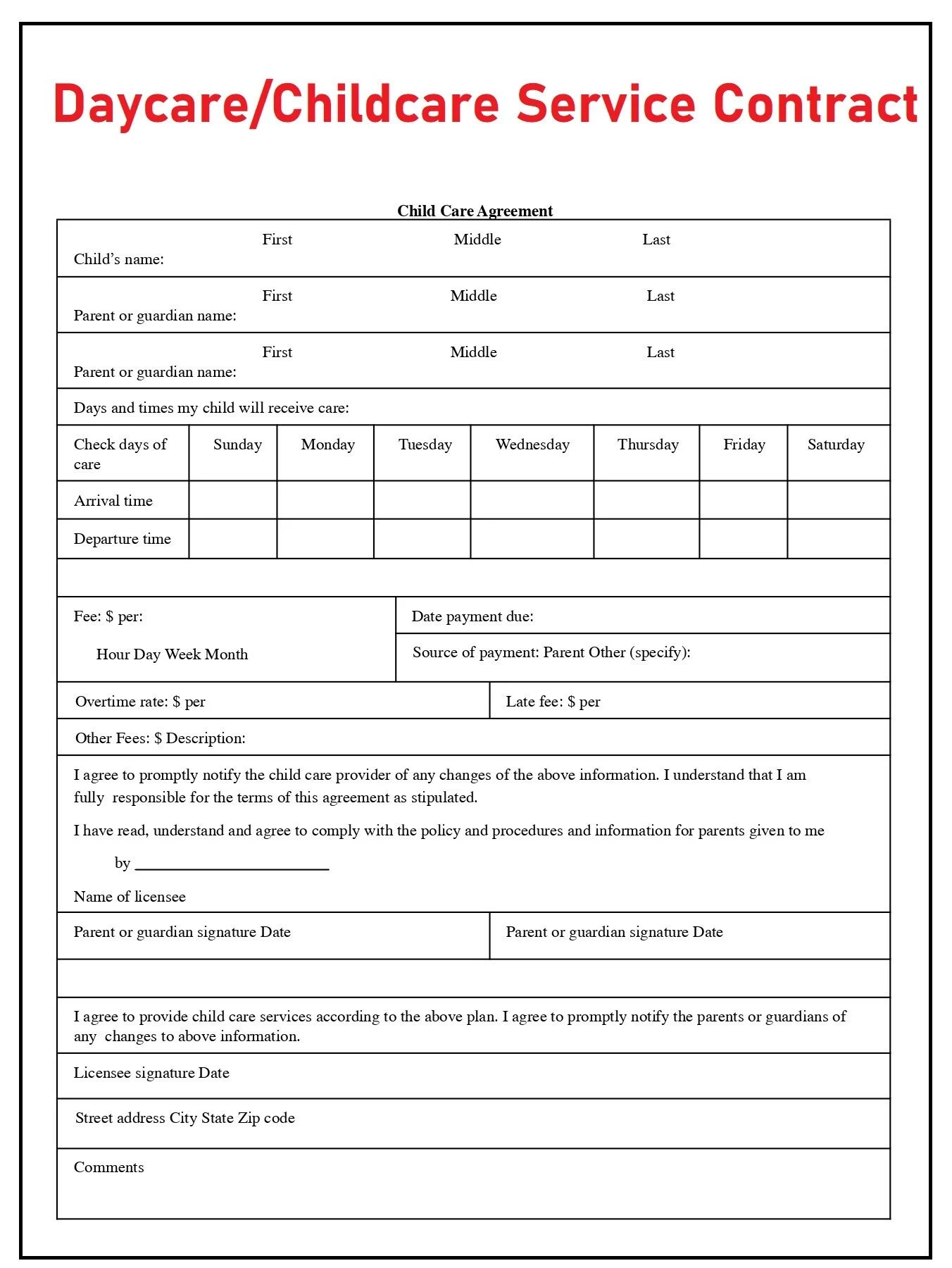 Daycare Contract Daycare Childcare Service Agreement In PDF File 