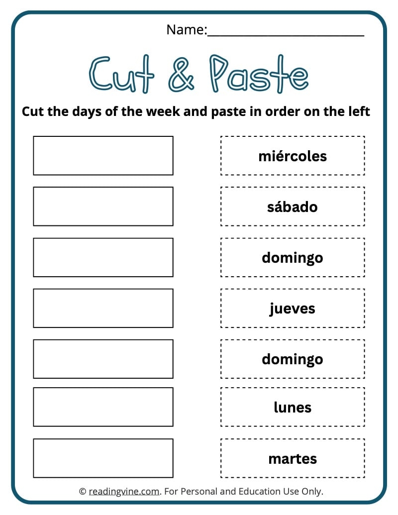 Spanish Days Of The Week Worksheets Printable
