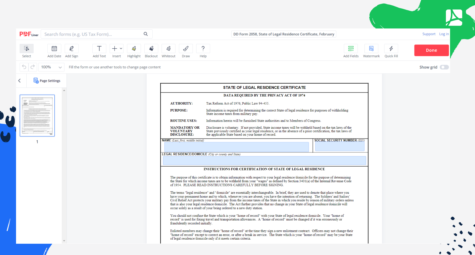 DD Form 2058 State Of Legal Residence Certificate PDFliner