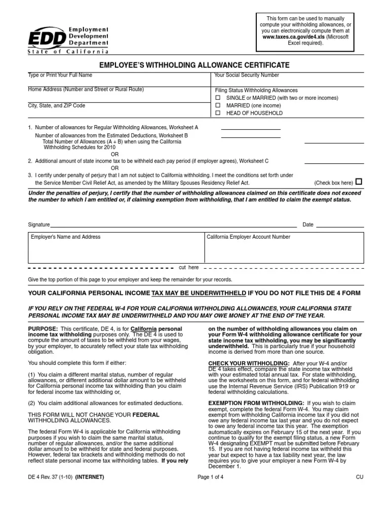 De 4 PDF Withholding Tax Income Tax In The United States