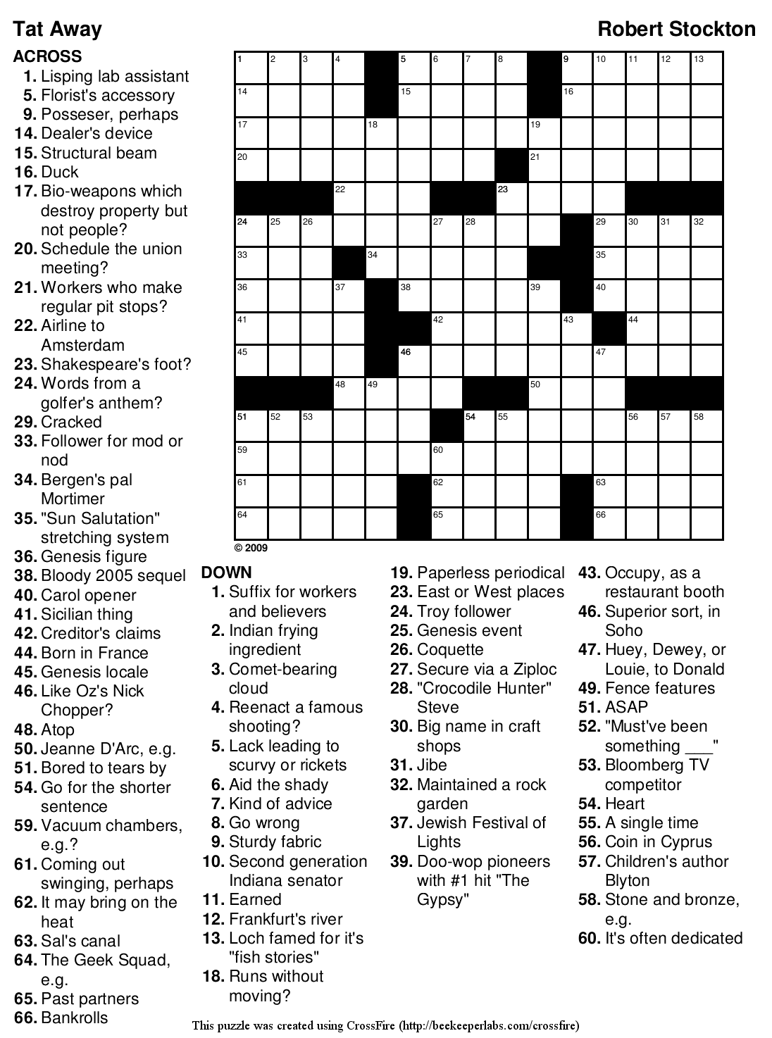 December 2009 Beekeeper Crosswords