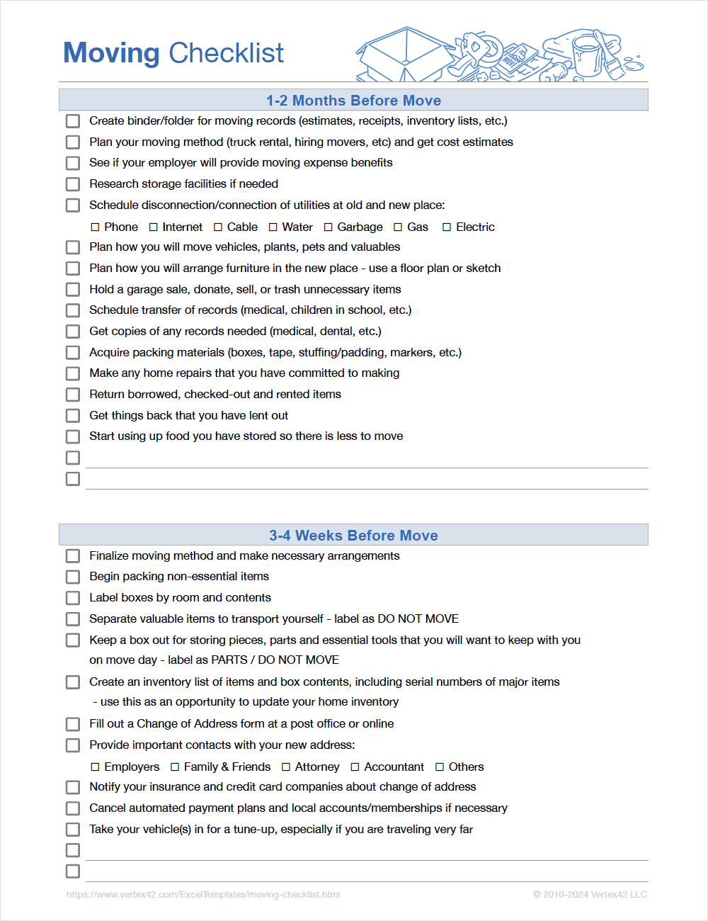 Printable House Moving Checklist Template