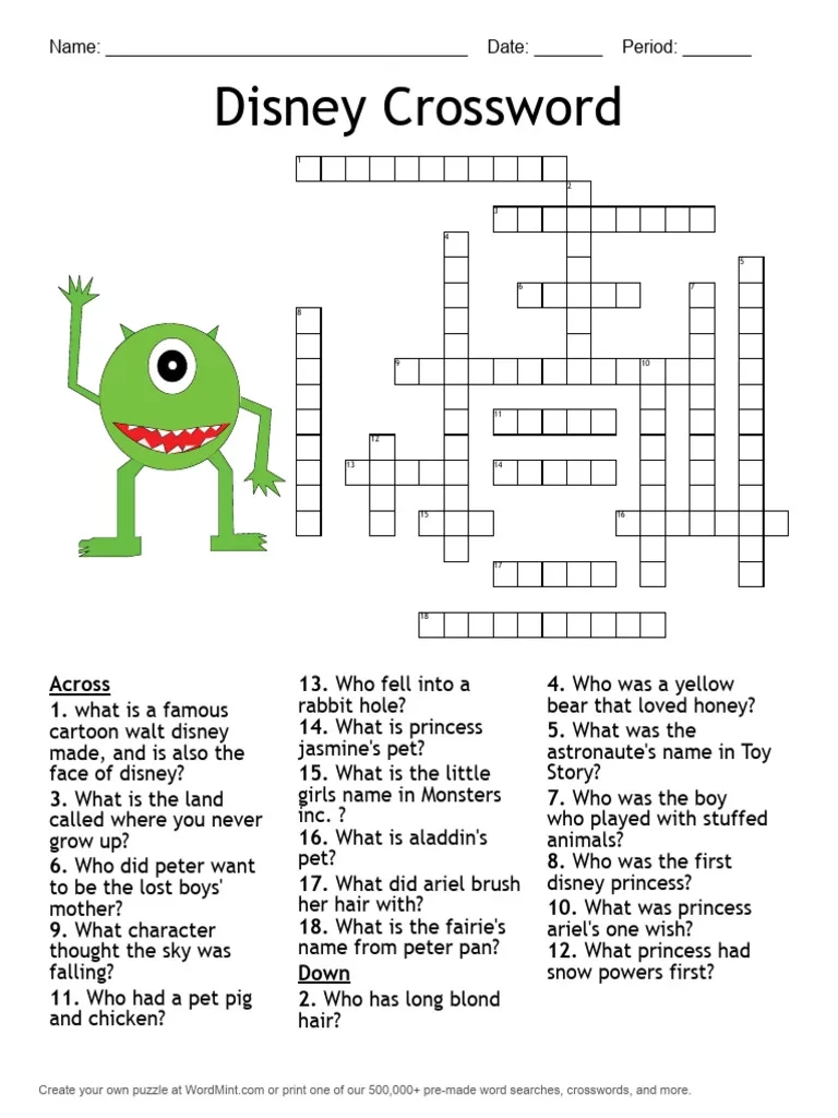 Disney Movie Crossword Puzzles Printable