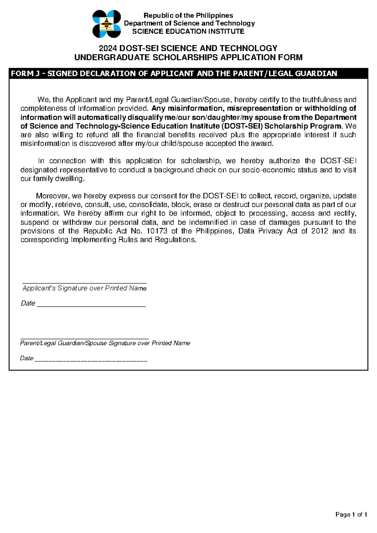 DOST SEI 2024 Scholarship Form J Signed Declaration Of Applicant 