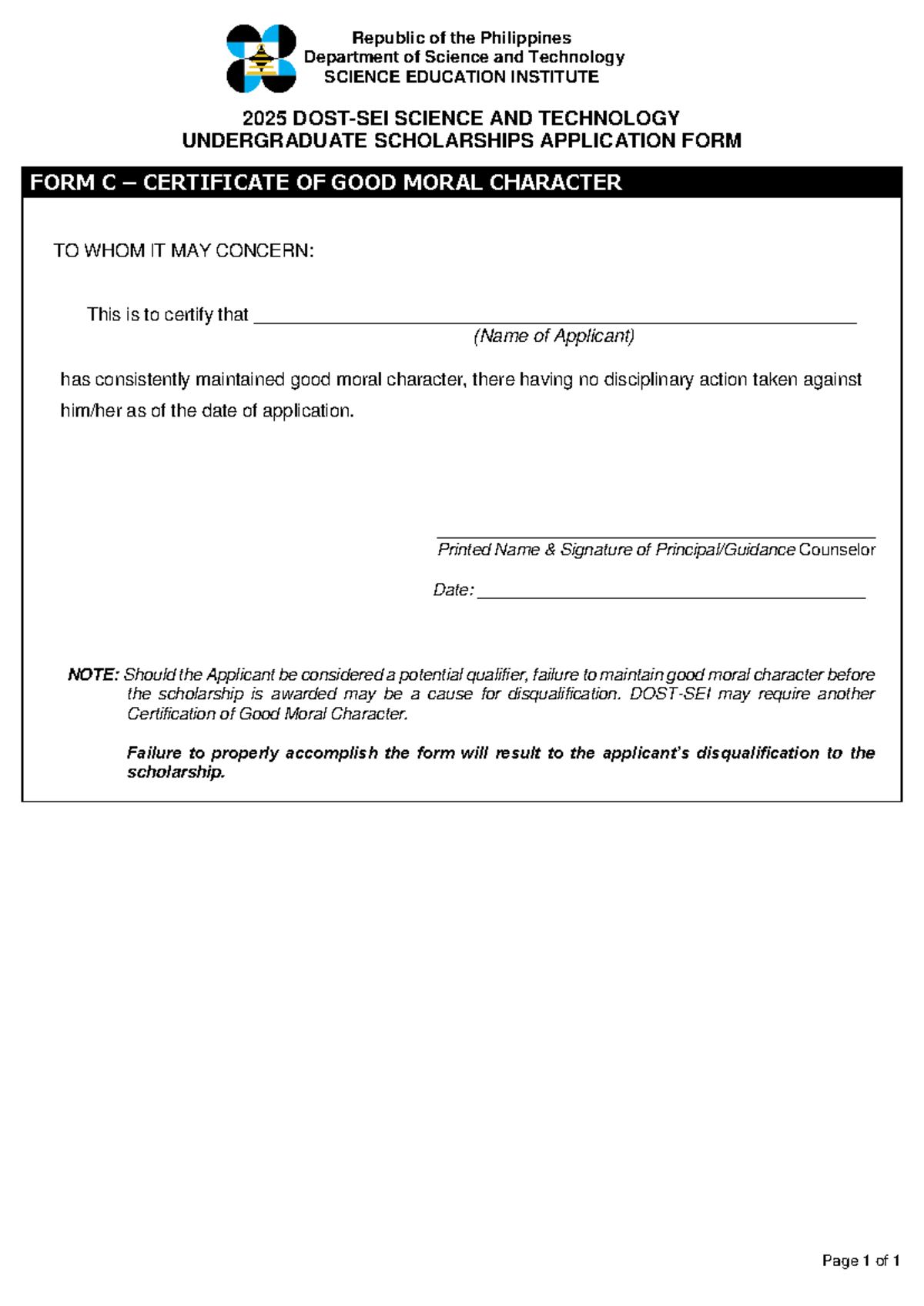 DOST SEI 2025 Scholarship Form C Certificate Of Good Moral 
